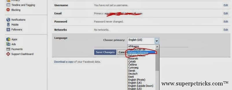 changing language in facebook