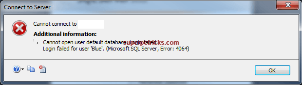 Splendor Vejfremstillingsproces Springe Cannot open user default database. Login failed. Microsoft SQL Server, Error :4064[Solved] -